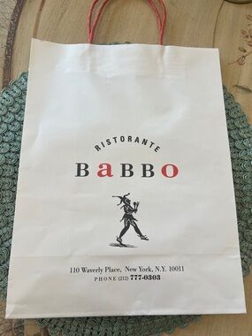 New, famous restaurant Babbo White Paper Tote Bag with Red Handles.